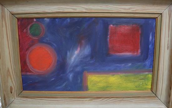 Modern British, oil on board, Abstract, initialled R.H, 27 x 49cm